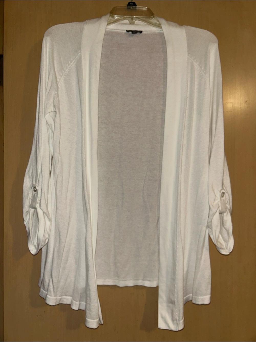 Express White Open-Front Draped Cardigan with Roll-Tab Sleeves